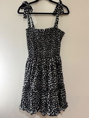 Black White Spotted Polka Dot Smocked Tie Strap Tiered Ruffle Sundress Mini XL